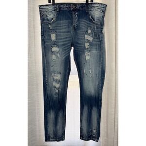 Smugglers Moon Distressed Ripped Paint Splatter Blue Jeans Button Fly Mens 42x33